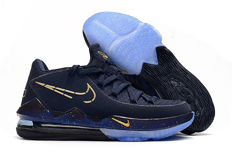 2020 Nike LeBron James 17 Low Deep Blue Gold Shoes - Click Image to Close